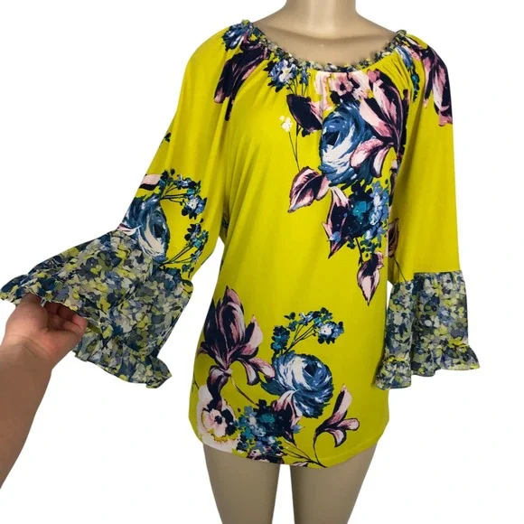 Susan Graver Floral Print Bell Sleeve Liquid Knit Tunic Top XL Boho Multicolor - Picture 4 of 10